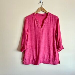 Lands’ End Pink Linen Blend Top Size M - V-Neck 3/4 Sleeve Pockets coastal beach